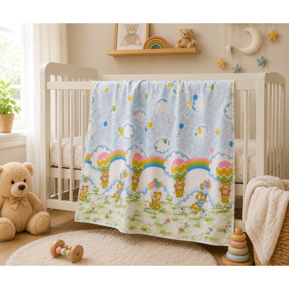 Vintage Teddy Bear Rainbow Hot Air Balloon Baby Receiving Blanket Nursery Cotton